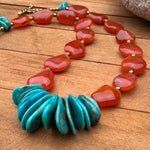 Genuine turquoise cluster and orange chalcedony necklace