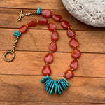 Genuine turquoise cluster and orange chalcedony necklace