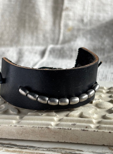 Black leather with silver beads 