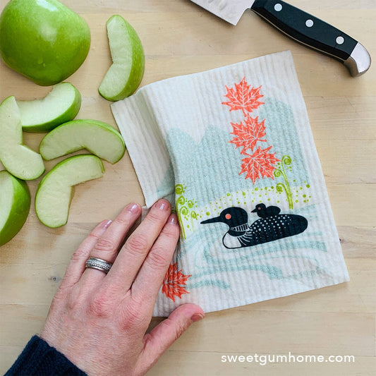Loons on the lake Swedish Dishcloth