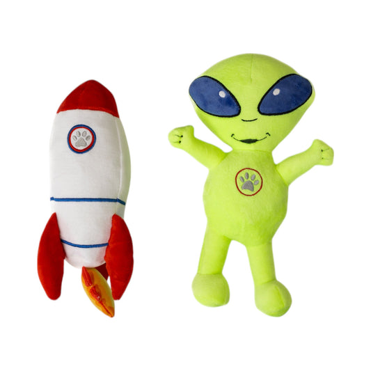 Space Alien & Rocket Plush Dog Toy Gift Set – with Squeaker & Crinkle Paper for Fun Play
