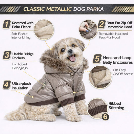 Pet Life ® Classic Metallic Fashion 3M Insulated Dog Coat Parka  w/ Removable Hood