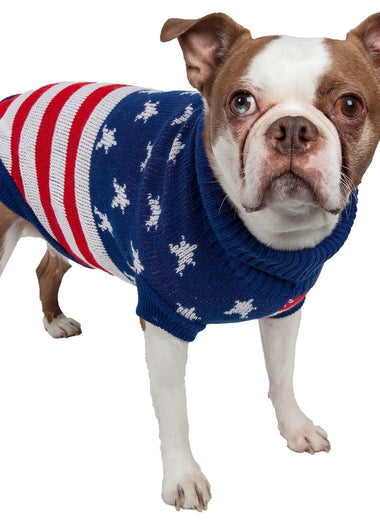 Pet Life ® 'Patriot Independence Star' Heavy Knitted Fashion Ribbed Turtle Neck Dog Sweater