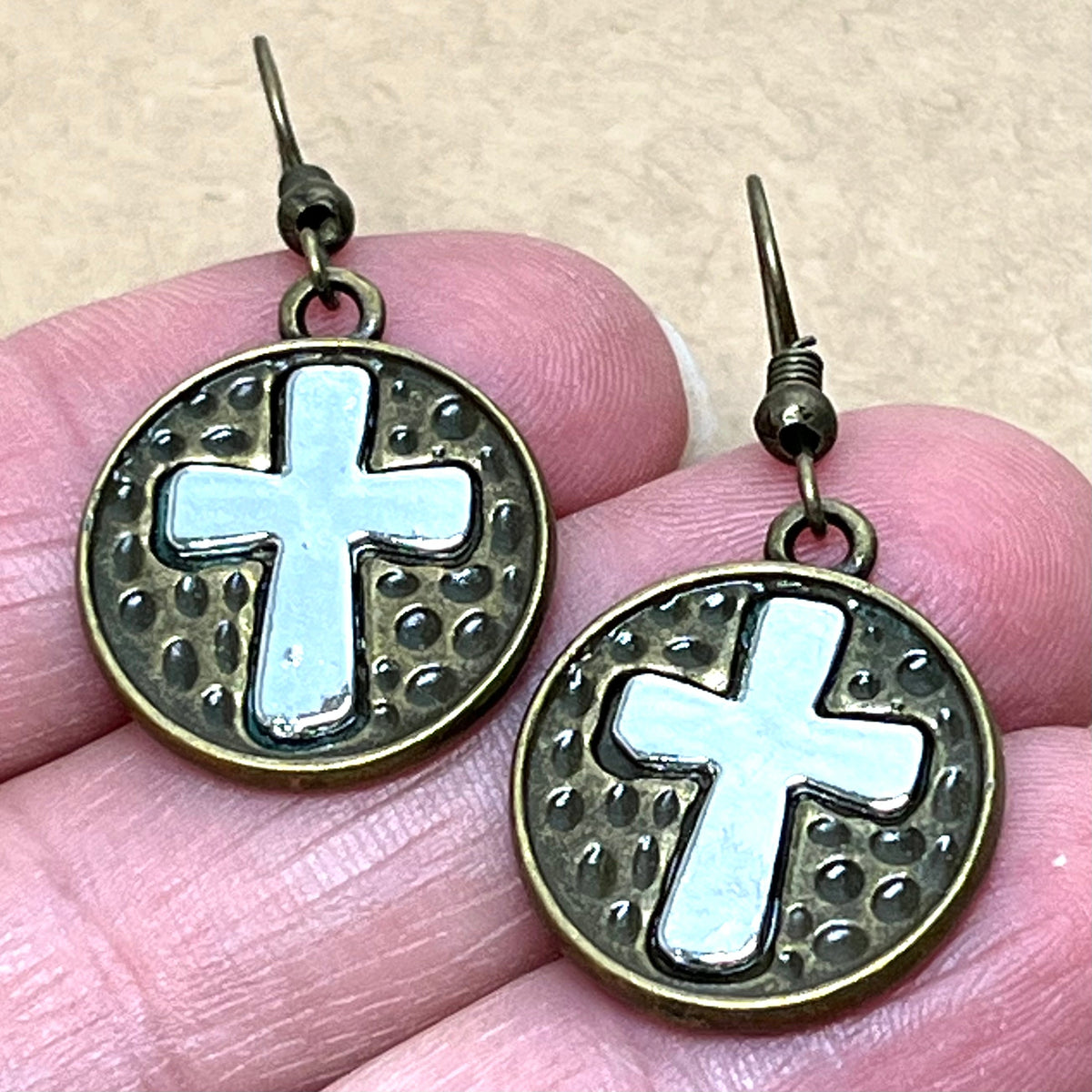 Silver Cross Earrings on Brass Circle