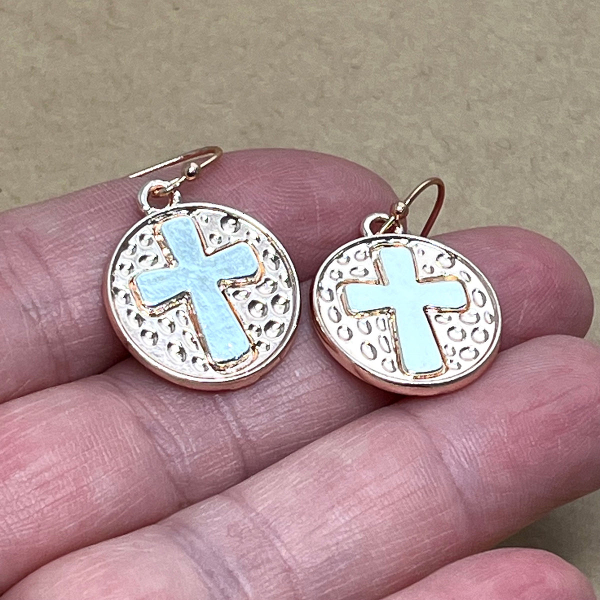 Silver Cross Earrings on Rose Gold Circle