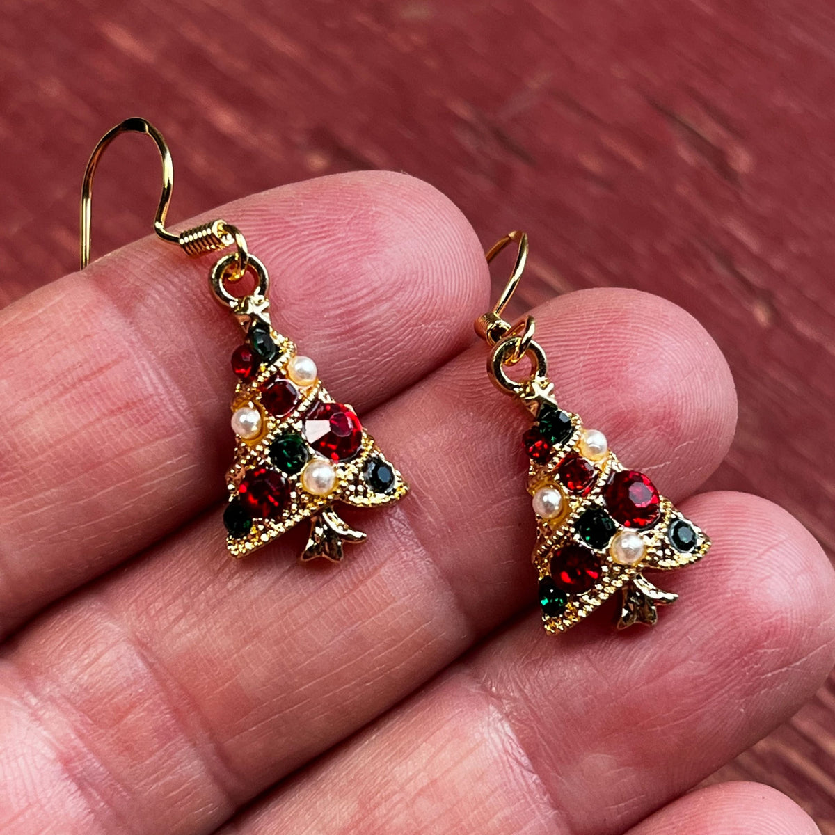 Vintage Style Christmas Tree Earrings – Rhinestones & Pearls