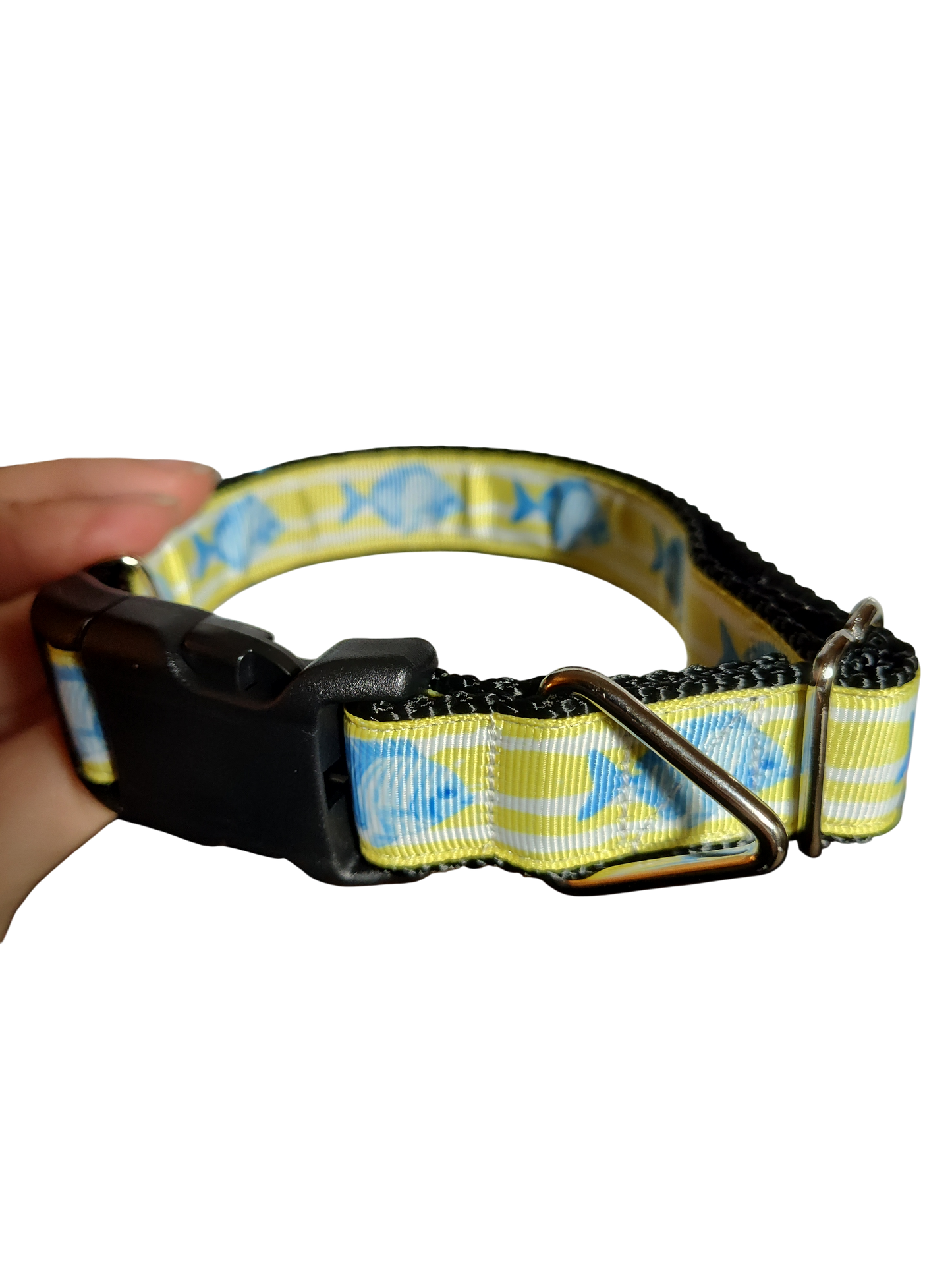 Fish On Yellow Stripes Nylon Dog Collar