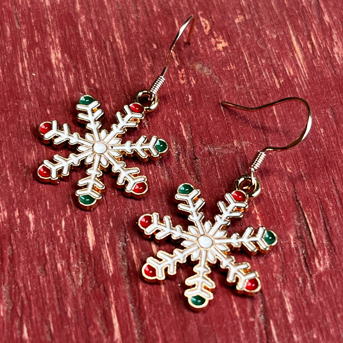 Snowflake Christmas Earrings – Rose Gold with Red & Green Tips