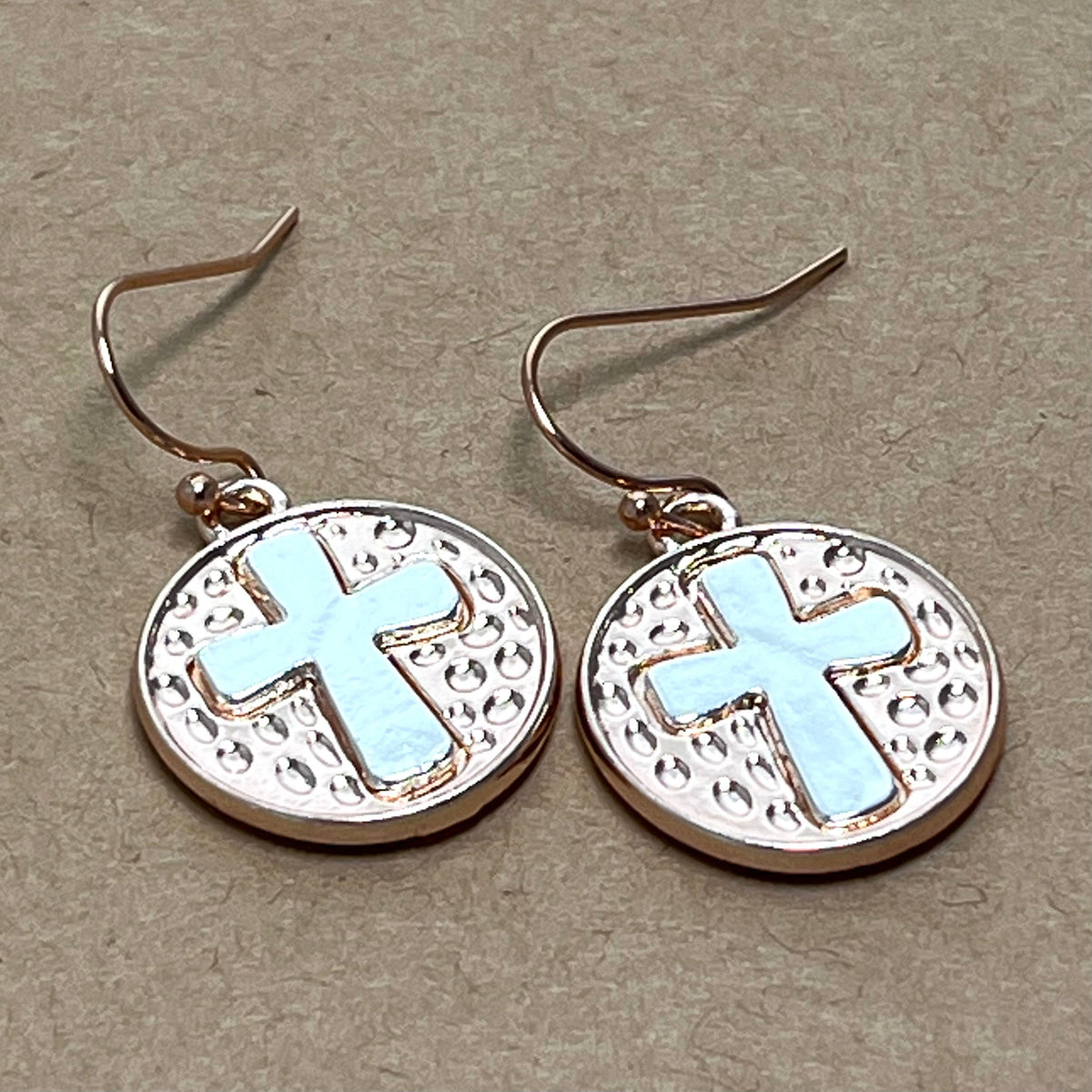 Silver Cross Earrings on Rose Gold Circle