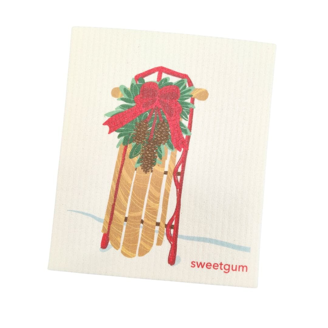 Sled with Red Bow & Pinecone Swag | Christmas & Winter Swedish Dishcloth