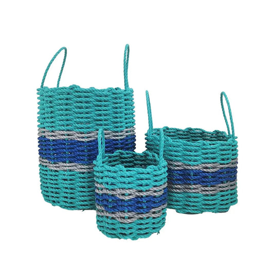 Authentic Maine Lobster Rope Storage Basket Teal and Blue with Light Gray Accents