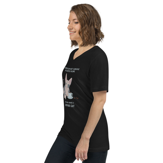 "WOMAN CAN'T SURVIVE ON COFFEE ALONE" WOMAN'S V-NECK TEE
