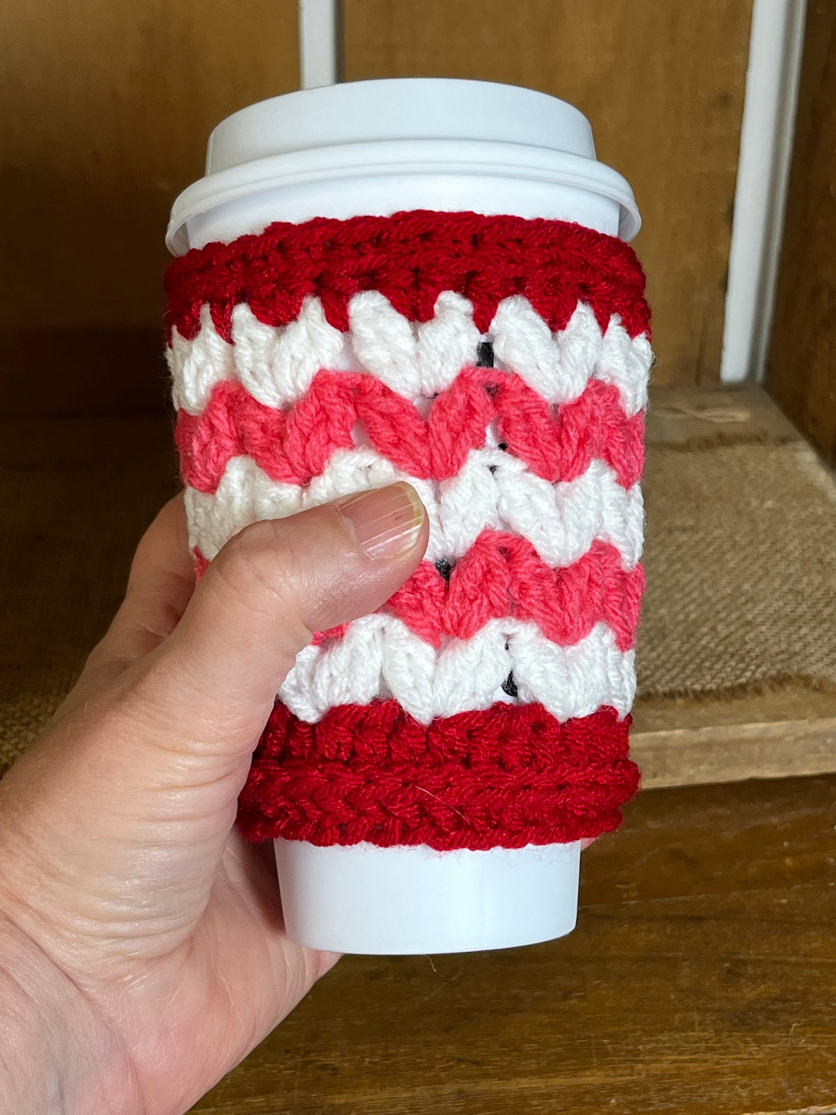 Handmade Crochet Coffee Cozy - Red, White & Pink Yarn Cup Sleeve