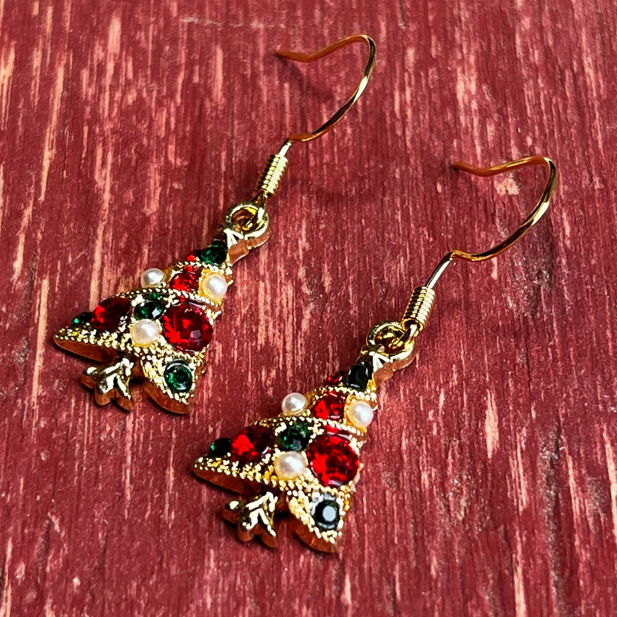 Vintage Style Christmas Tree Earrings – Rhinestones & Pearls